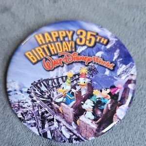 WDW Disney Happy 35th Birthday Button Mickey N Friends On Roller Coaster